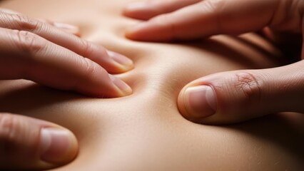 Fototapeta premium Hands gently pressing on a person's bare abdomen, possibly for a massage, examination, or therapeutic treatment, highlighting the skin's texture.
