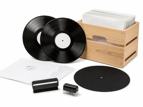 Vinyl Record Care And Listening Set With Blank Label Records Record Brush Stylus Cleaner Protective Inner Sleeves Plain Storage Crate And A Simple Turntable Slipmat Isolated On White Background