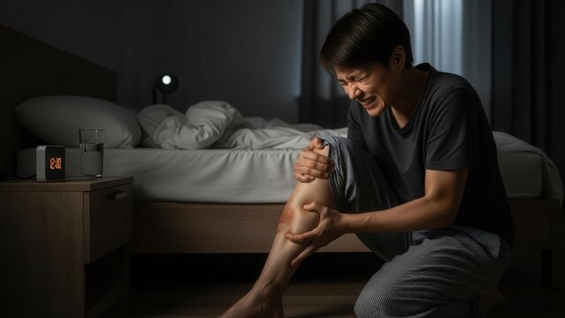 Asian man suffering from a painful leg cramp in his dark bedroom at night.