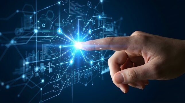 Person pointing finger at glowing central digital network hub node representing cloud computing technology and global information exchange