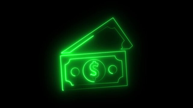 Neon Glowing Money Two Dollar Sign Bills Icon Business Economy Finance Savings Line Vector Animation. Dollar Sign Currency Icon on Black Background.4k
