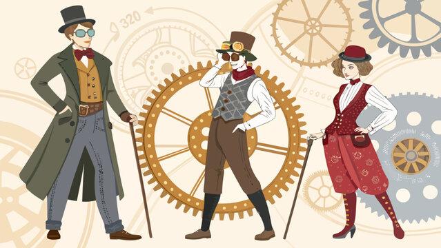 Steampunk fashion characters set, group of men and woman in vintage victorian costumes with gears and clockwork elements on background