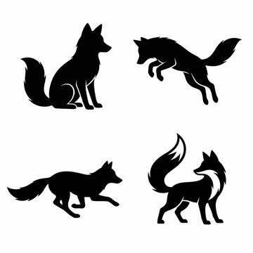 Black Silhouette Set of Foxes in Various Poses on White Background