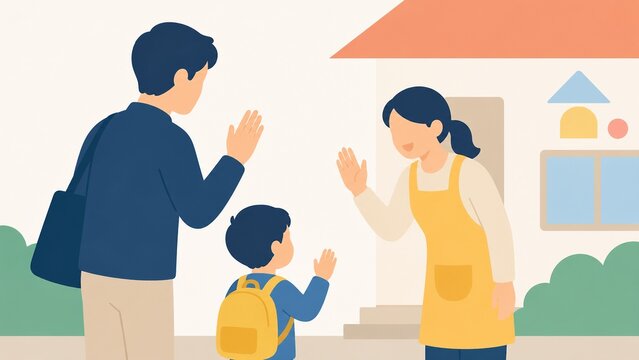 父親が子どもを保育園に送り保育士に挨拶する日本の朝の登園シーン