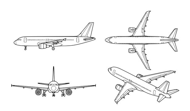 Commercial Airplane Line Art Set with Multi View Aircraft Aviation Technical Illustrations