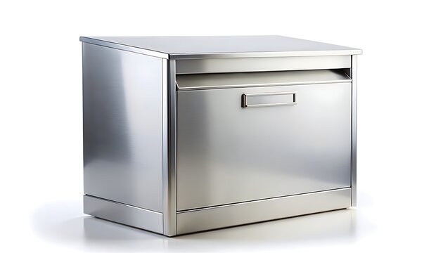 A stainless steel filing cabinet with a single drawer is placed on a white surface in an office environment.