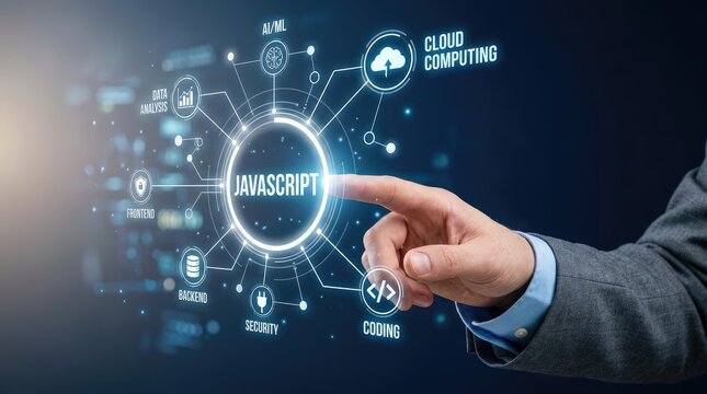 Hand pointing to JavaScript code on futuristic digital interface with glowing blue lines and icons