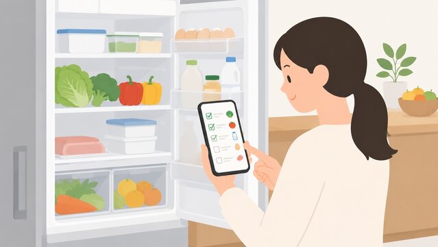 スマートフォンの食材管理アプリを使いながら冷蔵庫の中を確認する女性の買い物・食材管理シーン