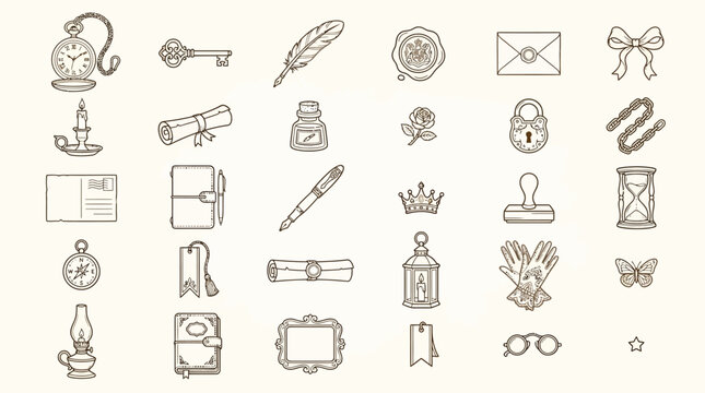 Collection of vintage icons and symbols representing writing, time, and communication.