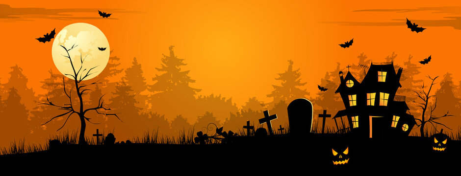 Halloween Haunted house and spooky graveyard orange background