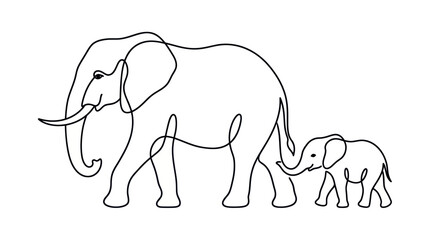 Elegant Single Line Drawing of Mother and Baby Elephant Family © Erlin