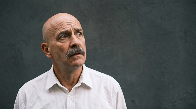 An elderly bald man with a prominent mustache exhibits a worried facial expression while looking away toward the side as he stands before a dark gray concrete wall within a somber urban