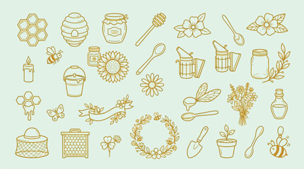 Collection of charming hand-drawn beekeeping and honey-related icons and illustrations. © KN collection