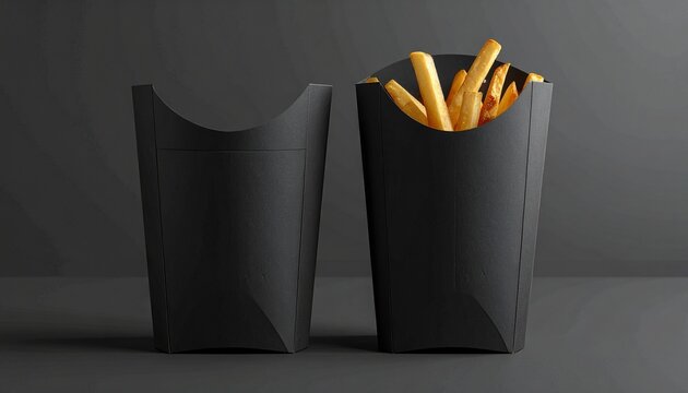 Minimalist Black French Fry Packaging Mockup with Golden Fried Potato Strips for Fast Food Branding Presentation