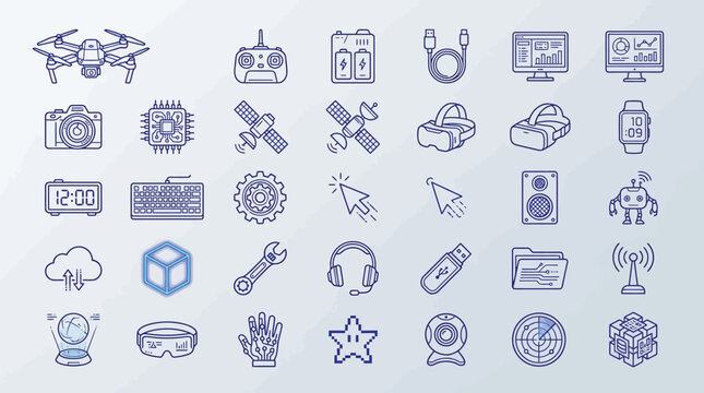 Collection of technology and gadget icons in a clean, modern line art style.