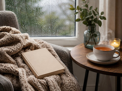 Cozy rainy day reading nook with blank hardcover book, knitted blanket, hot tea and candle beside window with raindrops, calm hygge interior