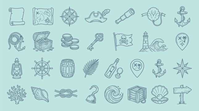 Collection of hand-drawn pirate-themed icons and symbols on a light blue background.