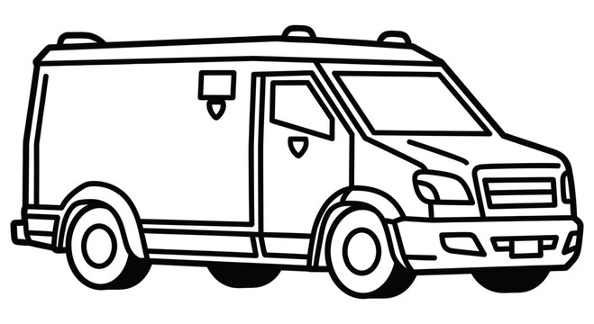 Minimalist black and white vector illustration of a professional armored cash transport security van vehicle