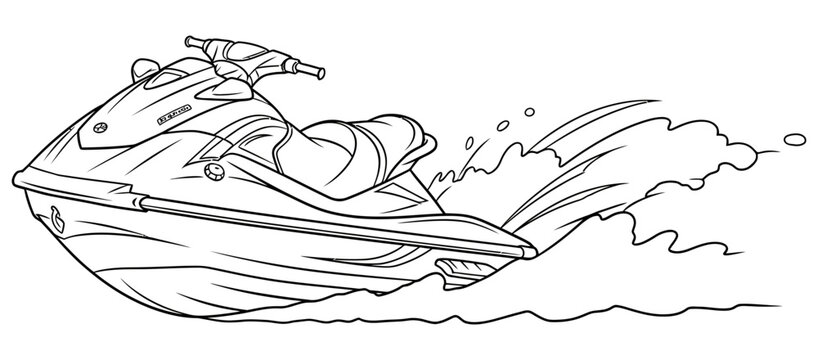 Detailed black and white vector illustration of a fast jet ski moving through ocean water