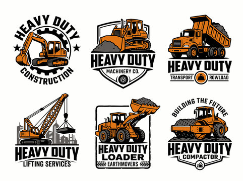 Set of heavy duty construction machinery logos and emblems
