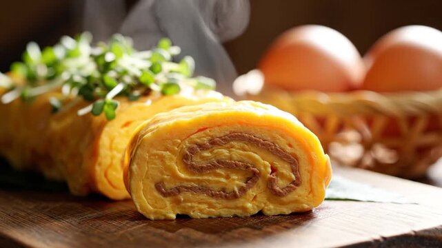 Freshly cooked Japanese tamagoyaki rolled omelet with savory filling and microgreens on a rustic wooden board