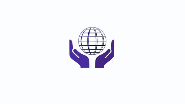 Purple hands cradling a wireframe globe on a white background cupped holding