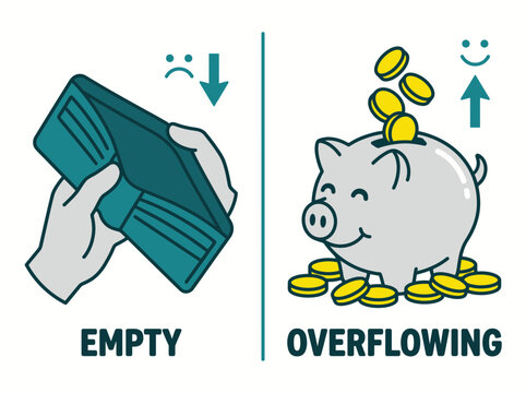 Comparison between empty wallet and overflowing piggy bank vector illustration