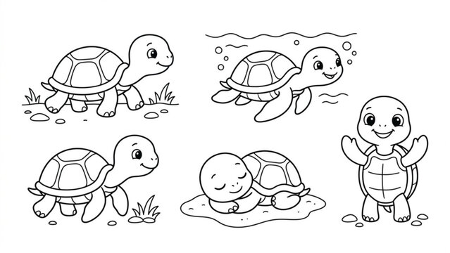 Cute Cartoon Baby Turtle Character Set Walking, Swimming, Sleeping & Smiling Tortoise Line Art Collection