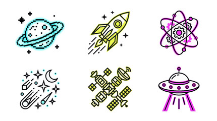 Space Icons: Rocket, Planet, Atom, Satellite, UFO, Meteor Shower © gedang