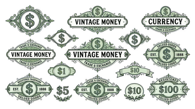 Vintage Money Labels Collection: Dollar Bills, Currency, Trade & Exchange Badges