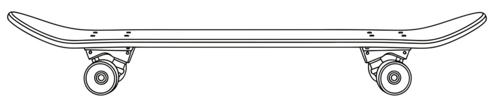 Minimalist black and white vector illustration of a skateboard deck isolated on a plain background