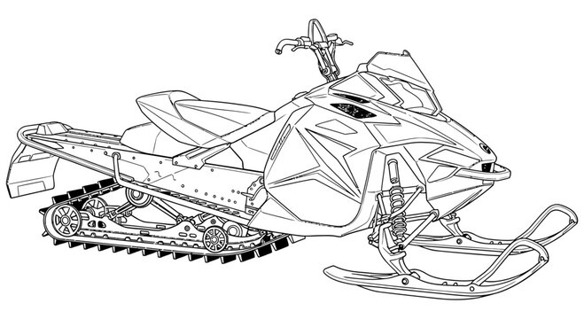 Detailed black and white vector graphic illustration of a modern snowmobile for winter sport recreation design