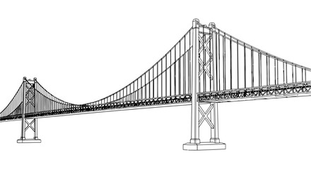 Fototapeta premium Detailed black and white vector illustration of a massive suspension bridge for architectural design projects