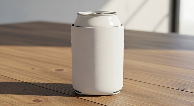  Blank white beverage can cooler sleeve standing on a rustic wooden table for branding advertisement. koozie mockup