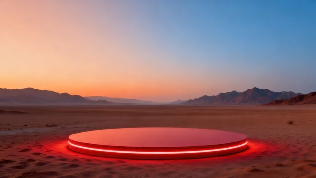 Circular platform in desert at sunset