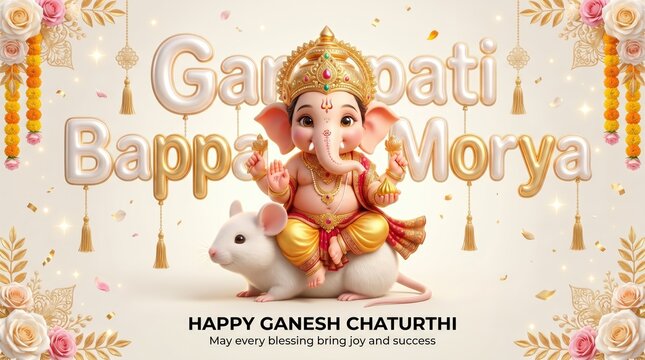 Ganesh chaturthi celebration greeting with lord ganesha riding his mouse vehicle featuring festive gold balloons and floral decorations for cultural blessings and spiritual joy in traditional style