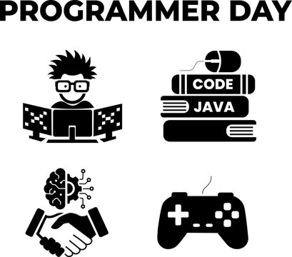 Programmer Day flat icon set &mdash; coder, coding books, AI brain handshake and game controller black vector collection