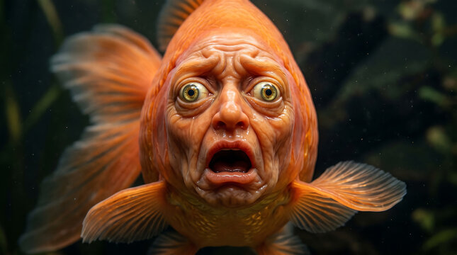 Humorous and unsettling surreal portrait of a goldfish with a deeply wrinkled, elderly human face expressing shock and bewilderment in a dark aquatic environment, evoking a sense of surrealism