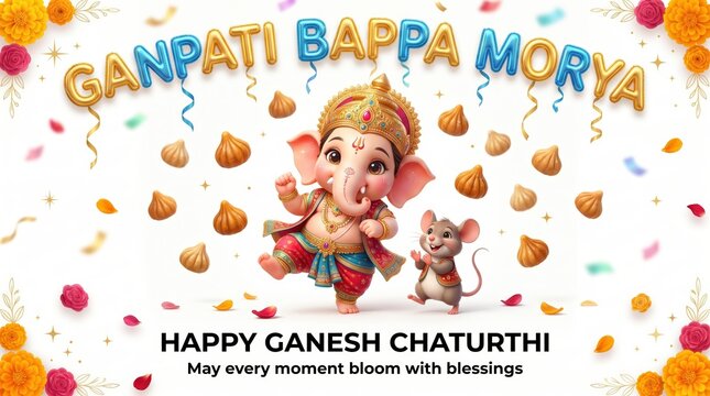 Happy ganesh chaturthi celebration greeting with cartoon lord ganesha and mouse dancing amidst floating modak treats and festive floral decorations on a white background for indian festival wishes