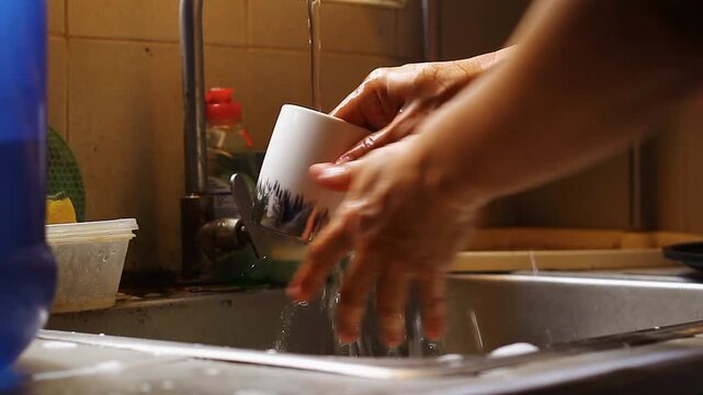Hand of person washing dishes and utensils with soap and water on the sink.