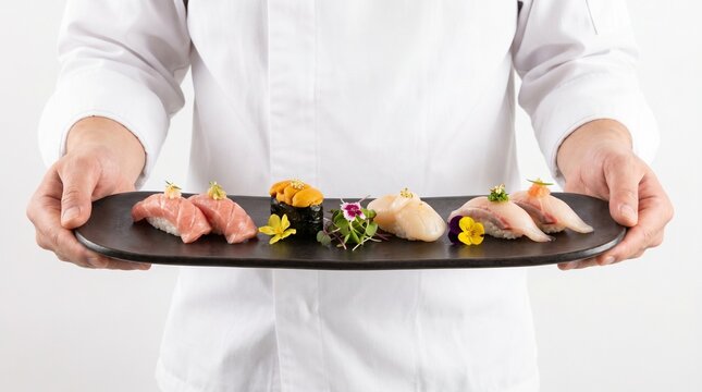 A chef presents a platter of exquisite sushi, showcasing a variety of fresh seafood and delicate garnishes Isolated on white background
