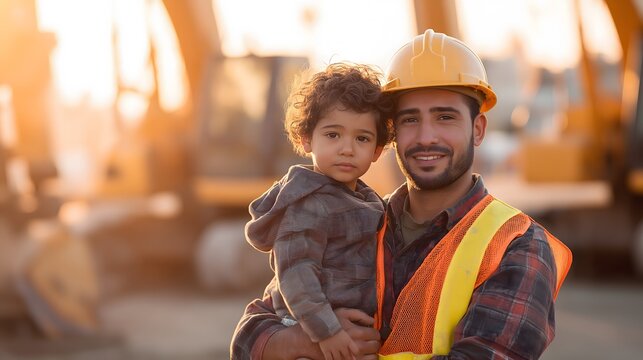 Latino construction dad in yellow hard hat and safety vest holding his young toddler son at building site. Golden hour light. Father's Day builder family concept, copy space.