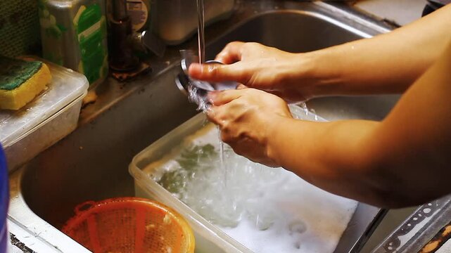 Hand of person washing dishes and utensils with soap and water on the sink.