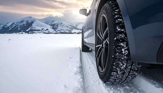 Close up on a car tire driving on a snowy road in the mountains, winter driving, traction and safety, ice and snow grip