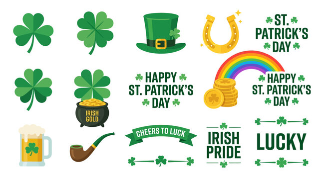 St. Patrick's Day celebration with shamrocks, pot of gold, and lucky symbols