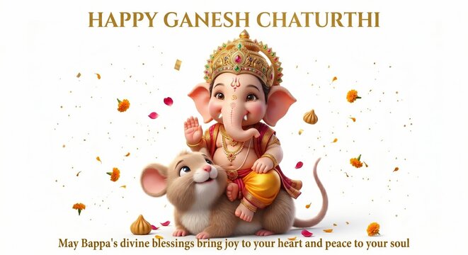 Happy ganesh chaturthi greeting card with cute baby ganesha sitting on his mouse companion surrounded by floating flowers and traditional sweets on a clean white background for festive celebration