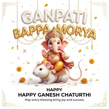 Happy ganesh chaturthi greeting card featuring cute lord ganesha riding his mouse vehicle with golden text ganpati bappa morya and decorative floral elements on a bright white festive background