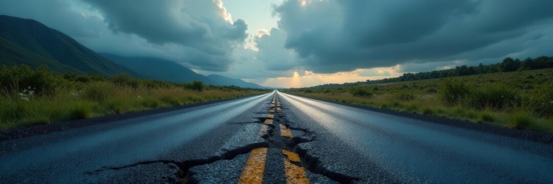 Crumbling asphalt road, deep potholes, stormy sky , old road, dark, winding road