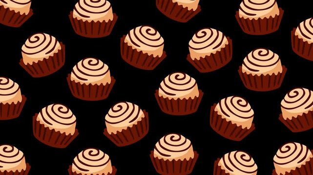 Delicious chocolate cupcakes with creamy swirl frosting arranged in a seamless repeating pattern on a black background. Ideal for bakery promotions, dessert themes, food videos, menus, and sweet brand