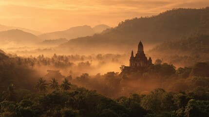 Obraz premium A misty sunrise illuminates an ancient temple nestled in a lush tropical forest surrounded by rolling hills and distant mountains.
